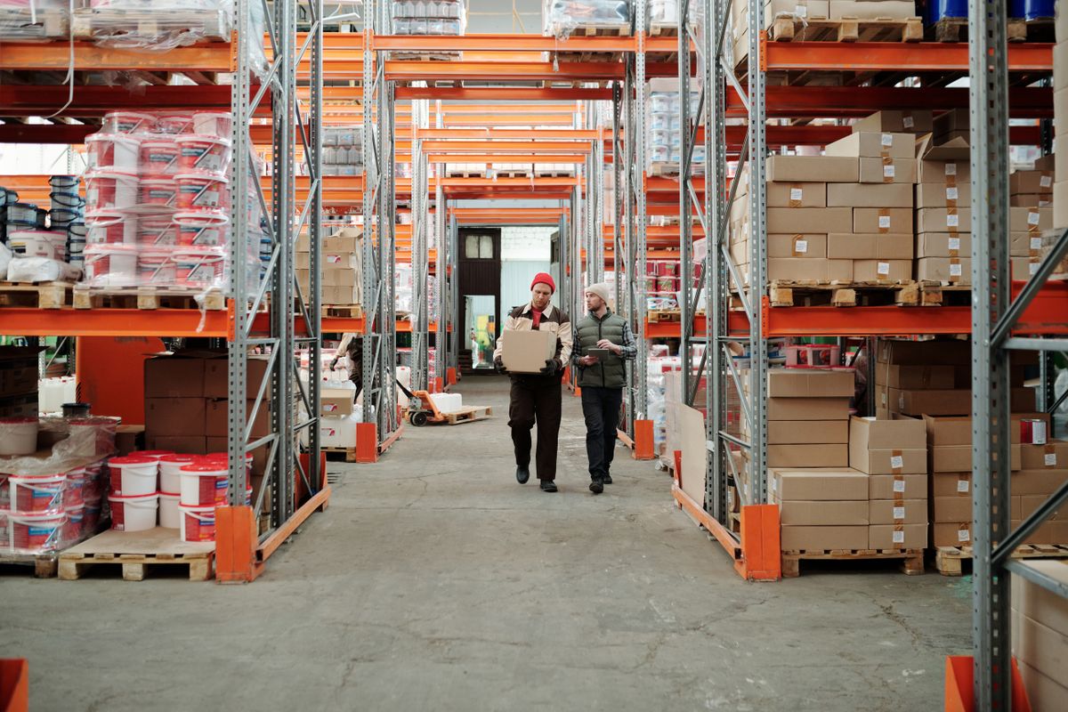 Warehouse aisle with stocked racking